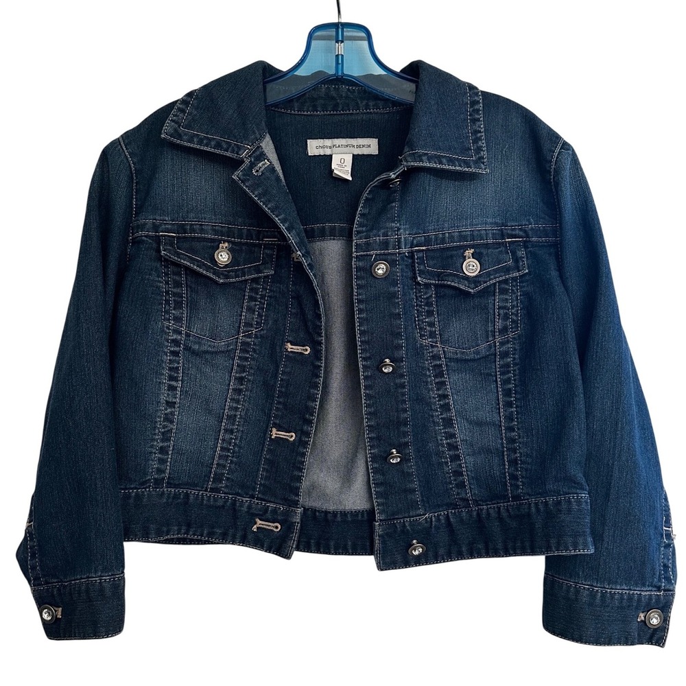 Chicos Platinum Denim Trucker‎ Jacket Womens Sz 4/S Dark Wash Rhinestone Cropped